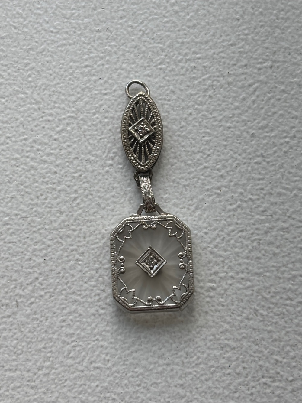 Antique c. 1920s Art Deco Platinum Camphor Glass & Diamond Filigree Pendant